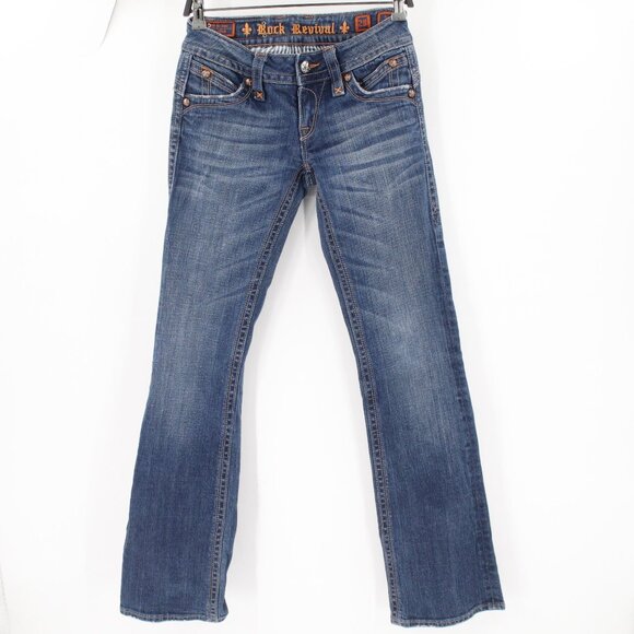 Rock Revival Denim - Rock Revival Jeans Womens 28 Gwen Boot Blue Flap Thick Stitch Low Rise Denim